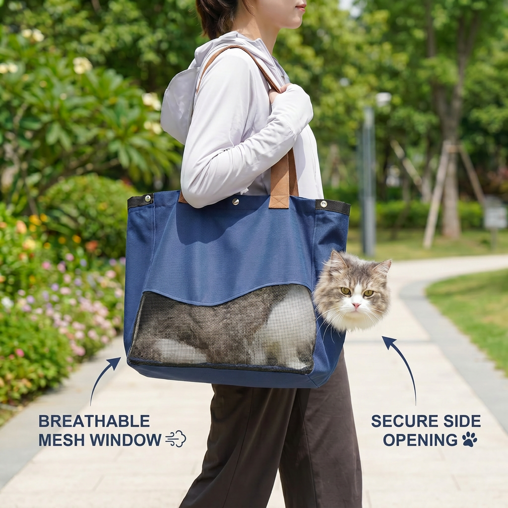 Breathable Canvas Cat Carrier Tote Bag with Mesh Window