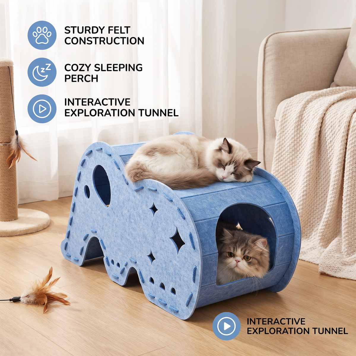 Elephant-Shaped Felt Cat Play Tunnel & Cozy Bed – Foldable and Connectable Design