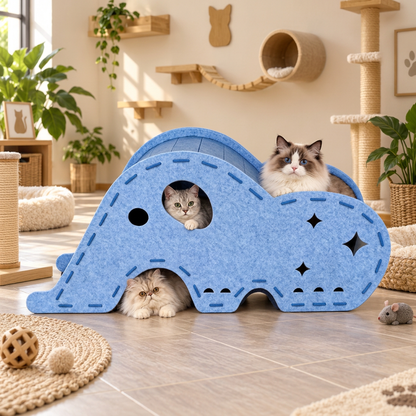 Elephant-Shaped Felt Cat Play Tunnel & Cozy Bed – Foldable and Connectable Design