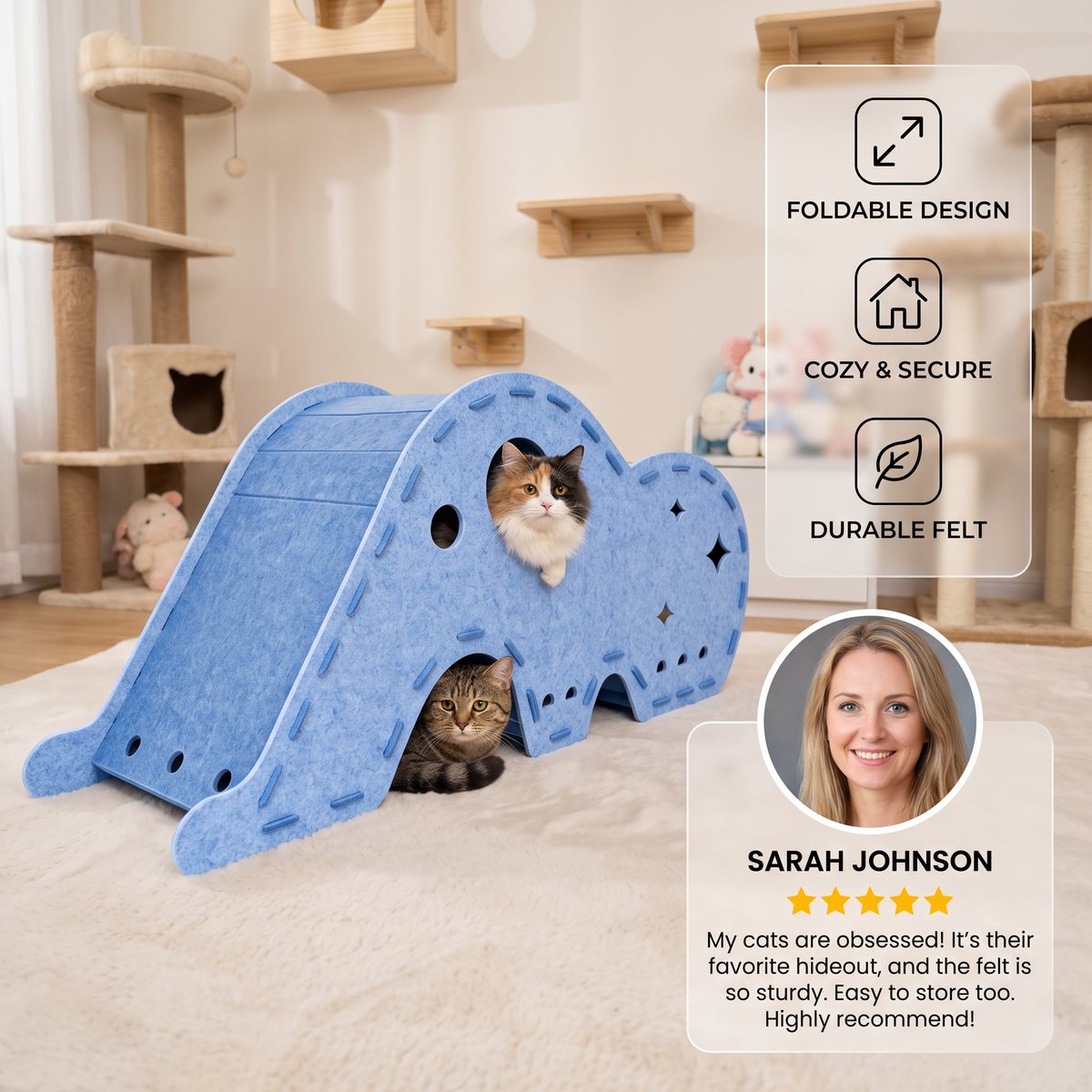 Elephant-Shaped Felt Cat Play Tunnel & Cozy Bed – Foldable and Connectable Design
