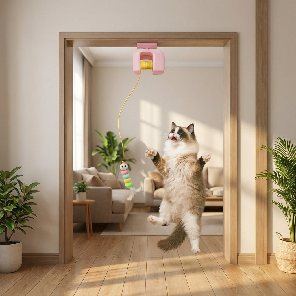 Interactive door yo-yo cat toy with self-play function