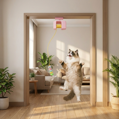Interactive door yo-yo cat toy with self-play function