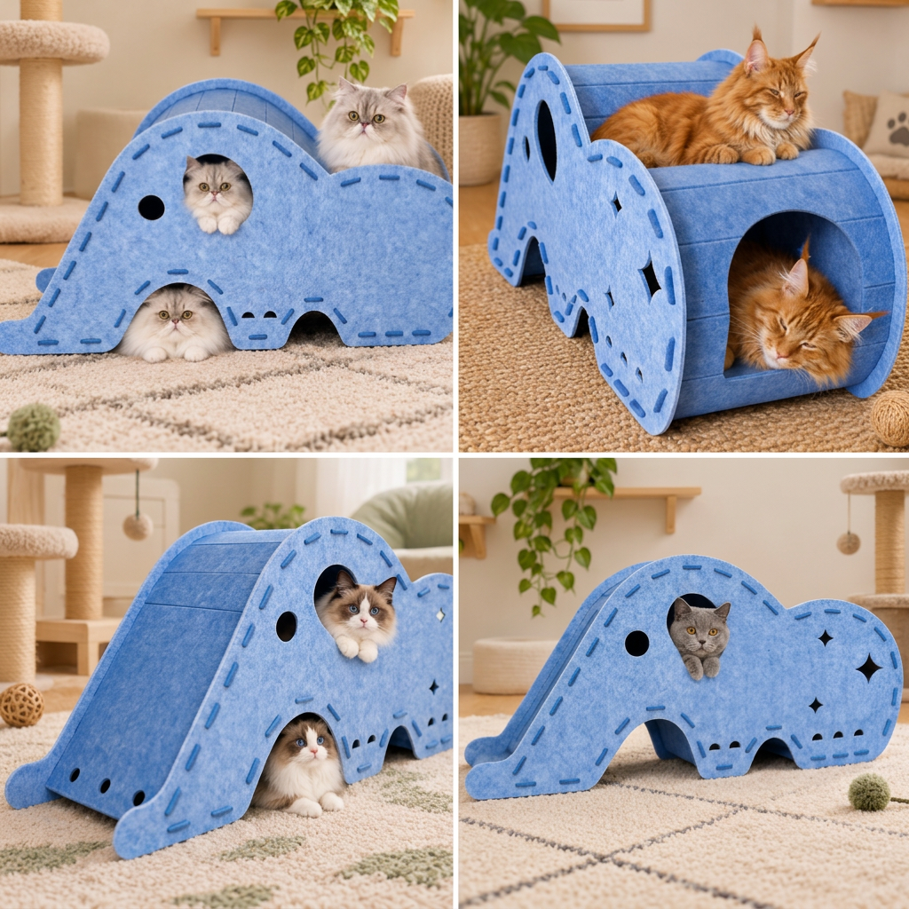 Elephant-Shaped Felt Cat Play Tunnel & Cozy Bed – Foldable and Connectable Design