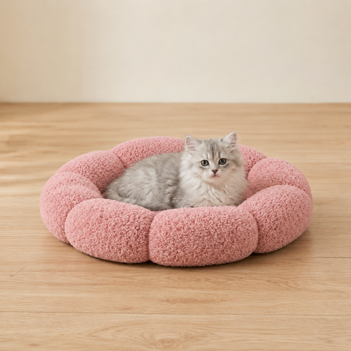 Luxury Floral Fluffy Donut Cat Bed – Soft & Washable Round Cushion