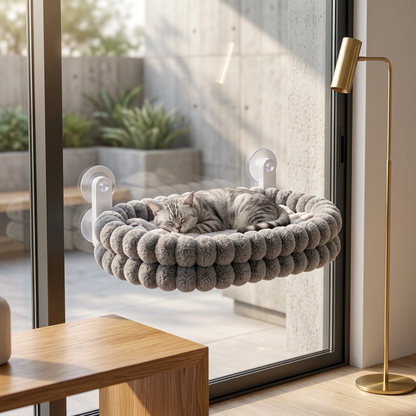 Fluffy Cordless Folding Cat Window Hammock with Strong Suction Cups & Washable Cover