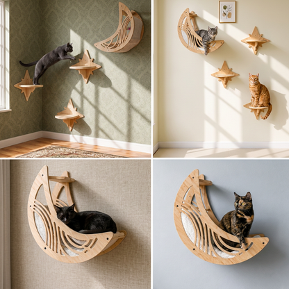 Modern Wooden Moon & Star Wall-Mounted Cat Climbing Shelves & Bed Set