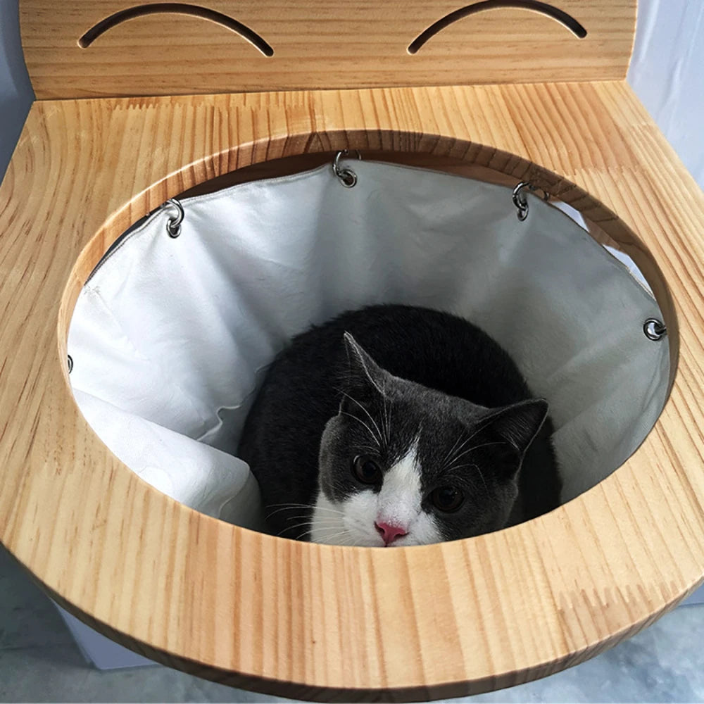 Hanging wooden cat basket