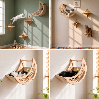 Modern Wooden Moon & Star Wall-Mounted Cat Climbing Shelves & Bed Set
