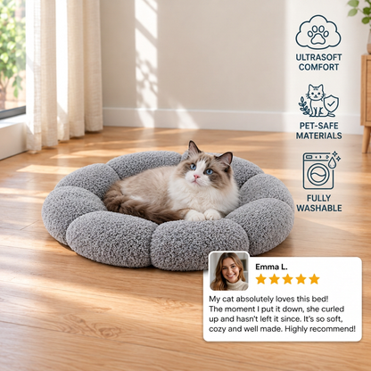Luxury Floral Fluffy Donut Cat Bed – Soft & Washable Round Cushion