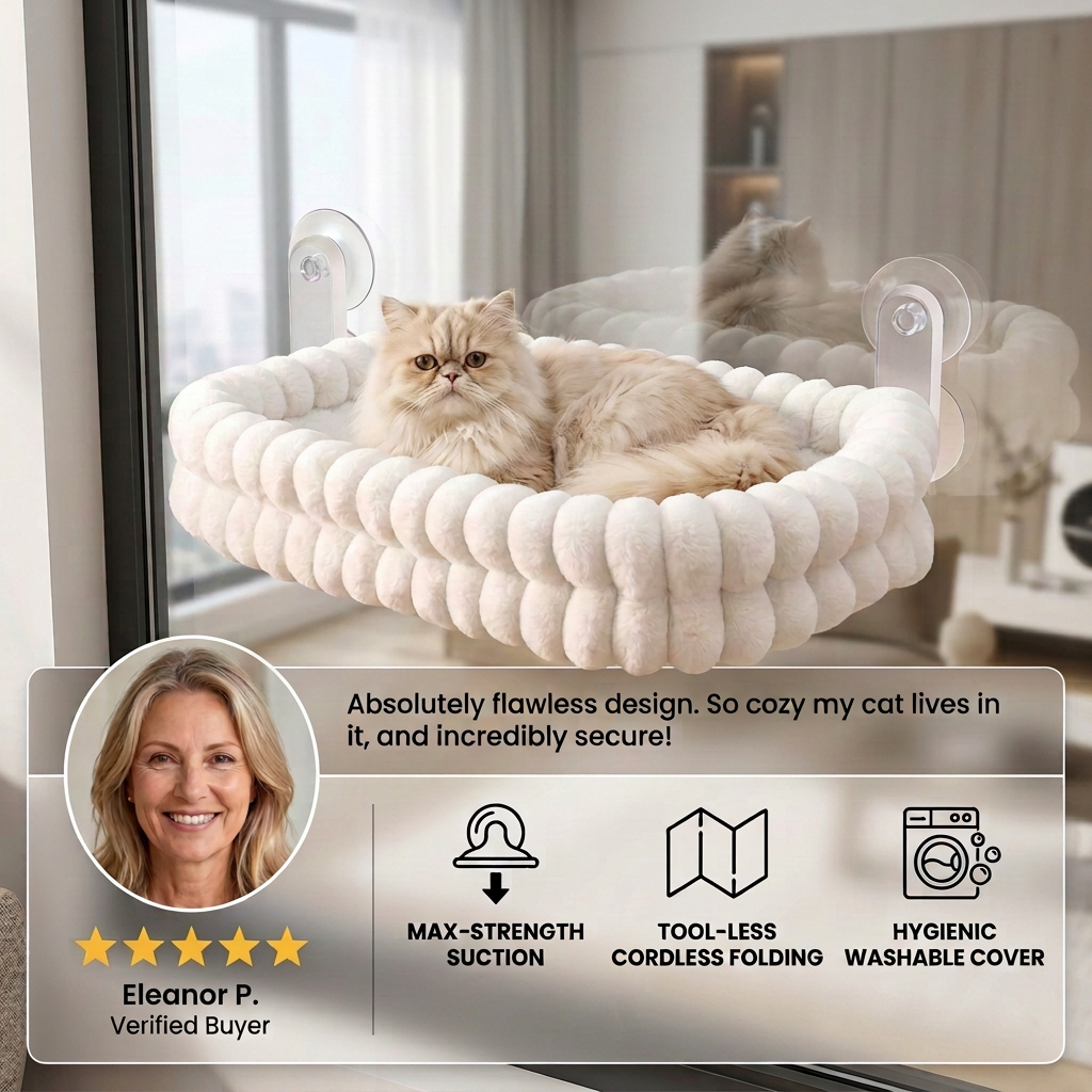 Fluffy Cordless Folding Cat Window Hammock with Strong Suction Cups & Washable Cover
