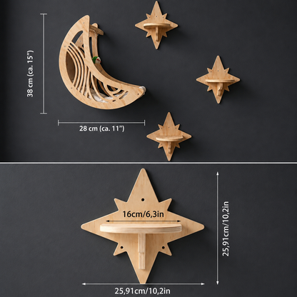 Modern Wooden Moon & Star Wall-Mounted Cat Climbing Shelves & Bed Set