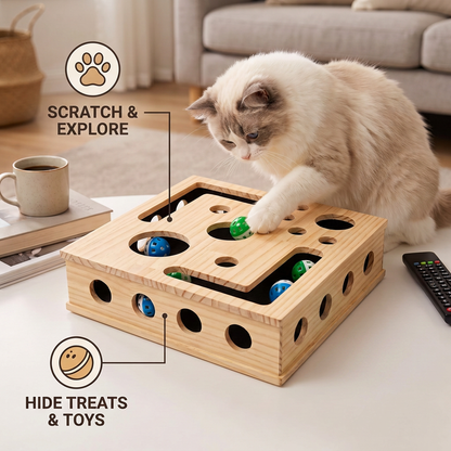 Interactive Wooden Cat Puzzle Box – Scratch, Hide & Treat Enrichment Toy