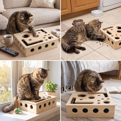 Interactive Wooden Cat Puzzle Box – Scratch, Hide & Treat Enrichment Toy