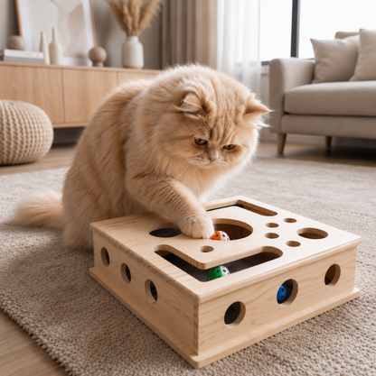 Interactive Wooden Cat Puzzle Box – Scratch, Hide & Treat Enrichment Toy