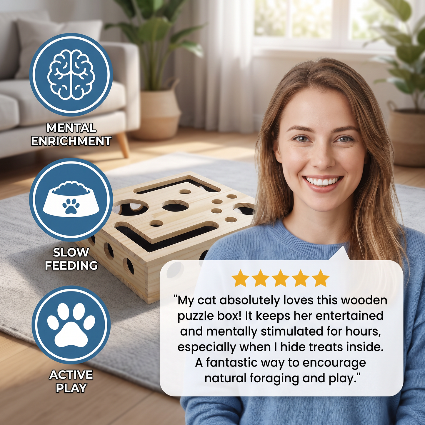 Interactive Wooden Cat Puzzle Box – Scratch, Hide & Treat Enrichment Toy