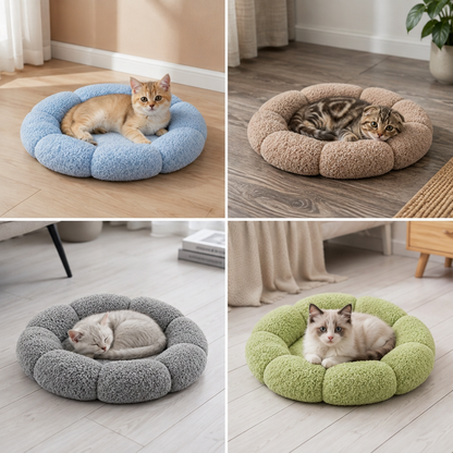 Luxury Floral Fluffy Donut Cat Bed – Soft & Washable Round Cushion