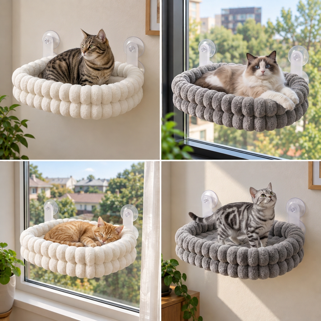 Fluffy Cordless Folding Cat Window Hammock with Strong Suction Cups & Washable Cover
