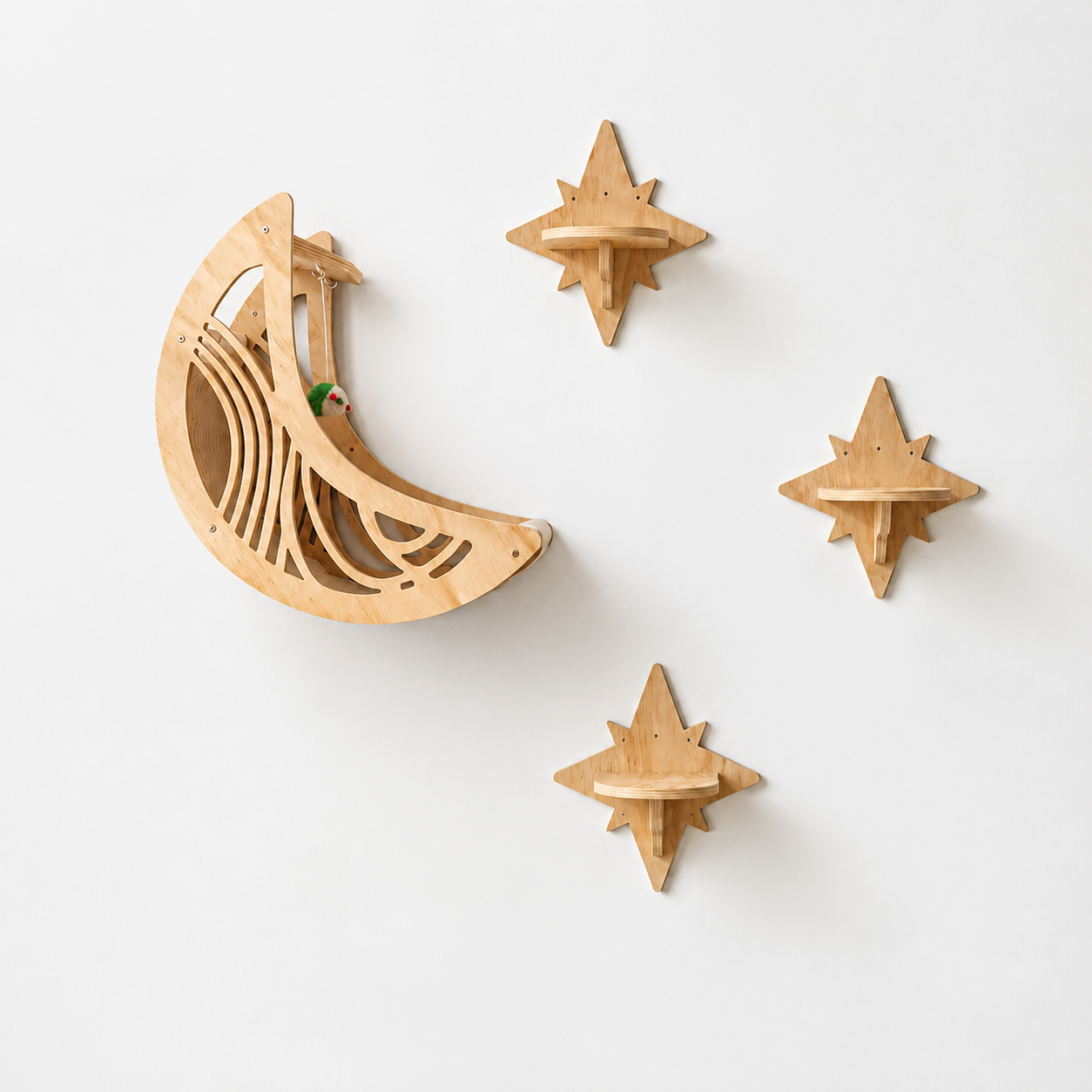 Modern Wooden Moon & Star Wall-Mounted Cat Climbing Shelves & Bed Set