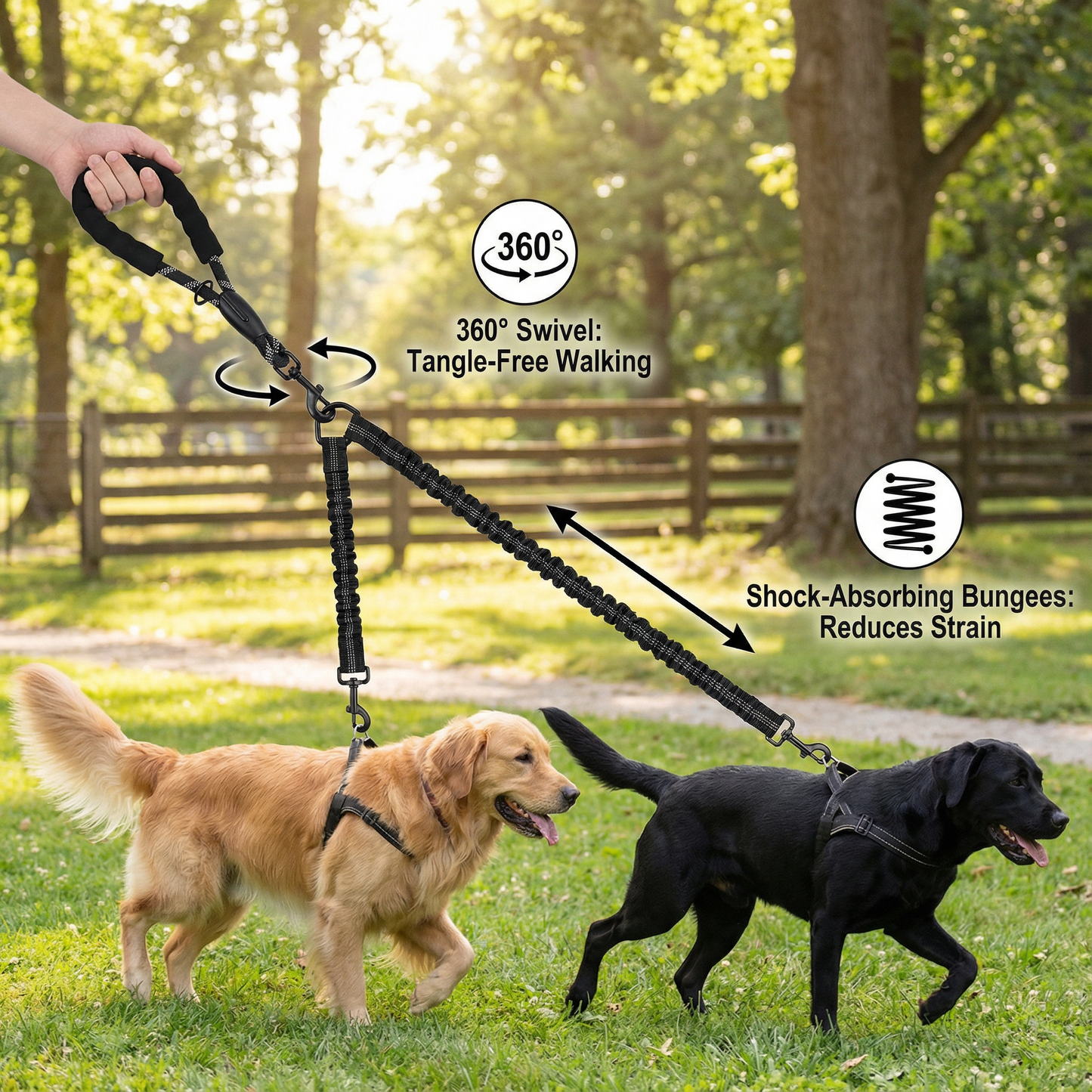 2-in-1 Double Dog Lead with 360° Swivel – Tangle-Free & Shock-Absorbing