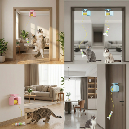 Interactive door yo-yo cat toy with self-play function