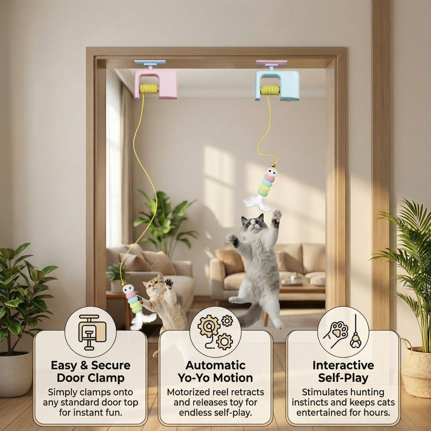 Interactive door yo-yo cat toy with self-play function