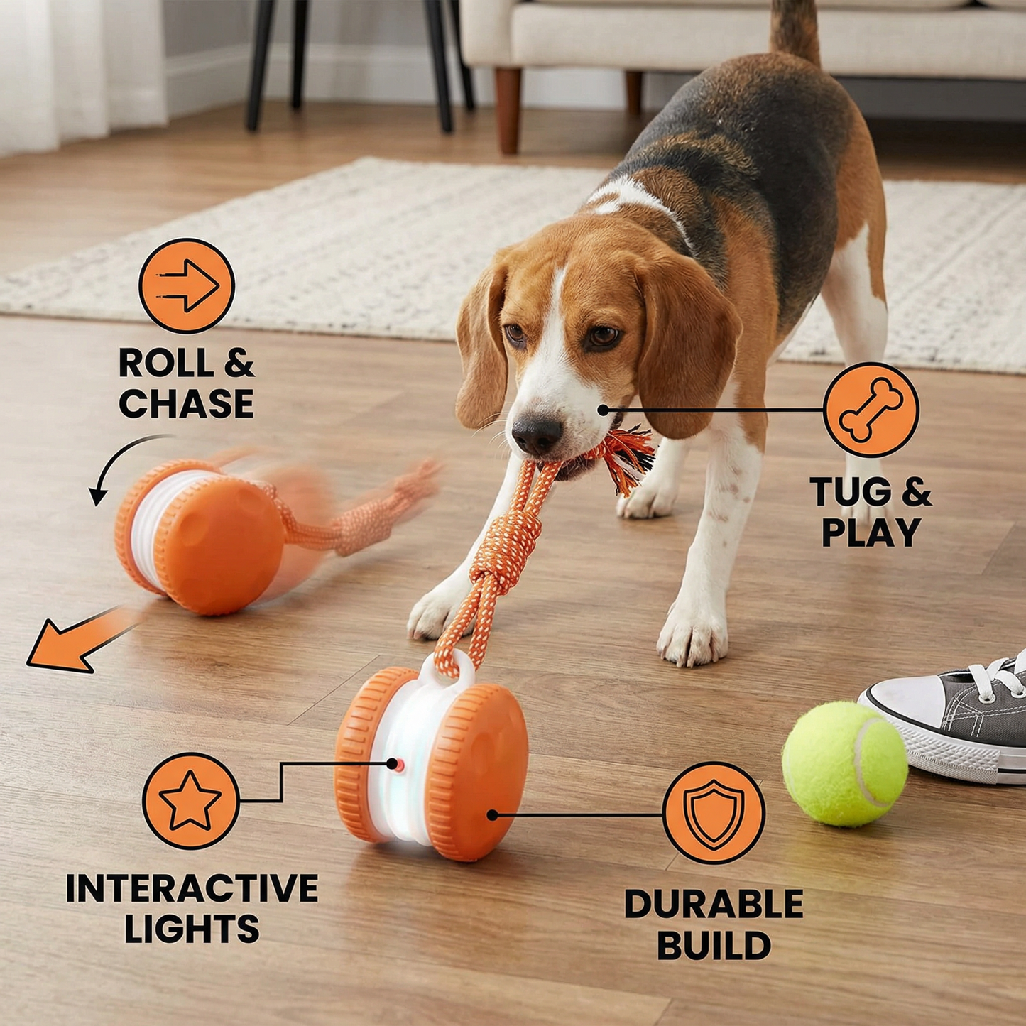 Interactive & Durable Dog Ball – Motion Toy with Tug Rope in Dog Colours
